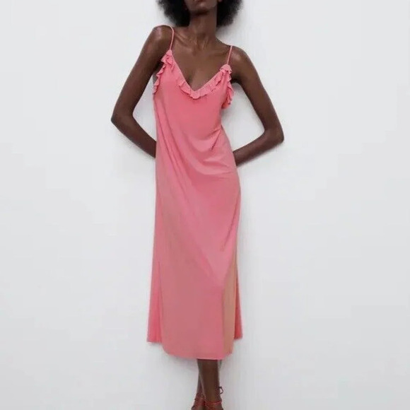 Zara Bubblegum Pink Midi Slip Dress Size S - Picture 1 of 9